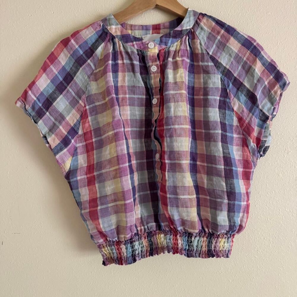Sundays by Wearesundays Dari Top Blouse Cropped Button Down Linen Plaid Medium